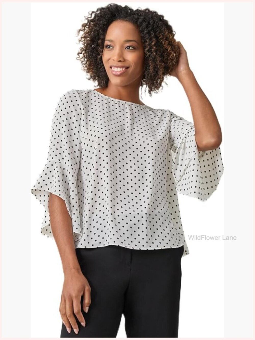 Ruffle Sleeve Dot Print Peasant Top Blouse 3/4 Sleeve Crew Neck Lightweight